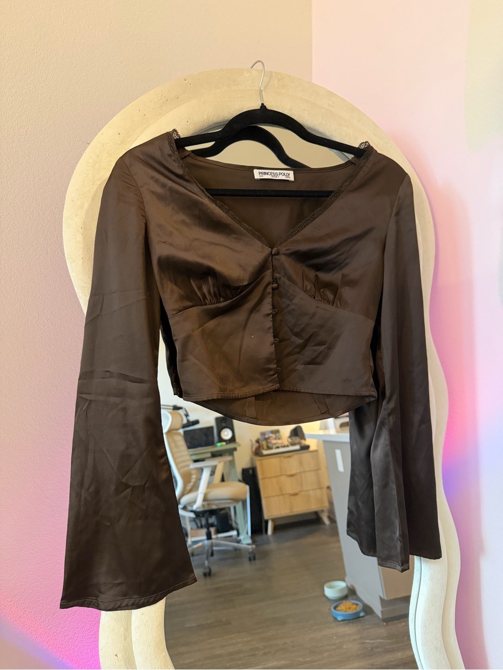 Princess Polly Brown Satin V-Neck Button-Front Crop Top
